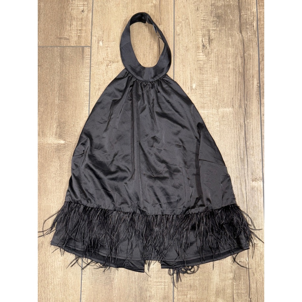 Blue Collection Black Feather Trim Halter Neck Mini shirt Evening Party open bk